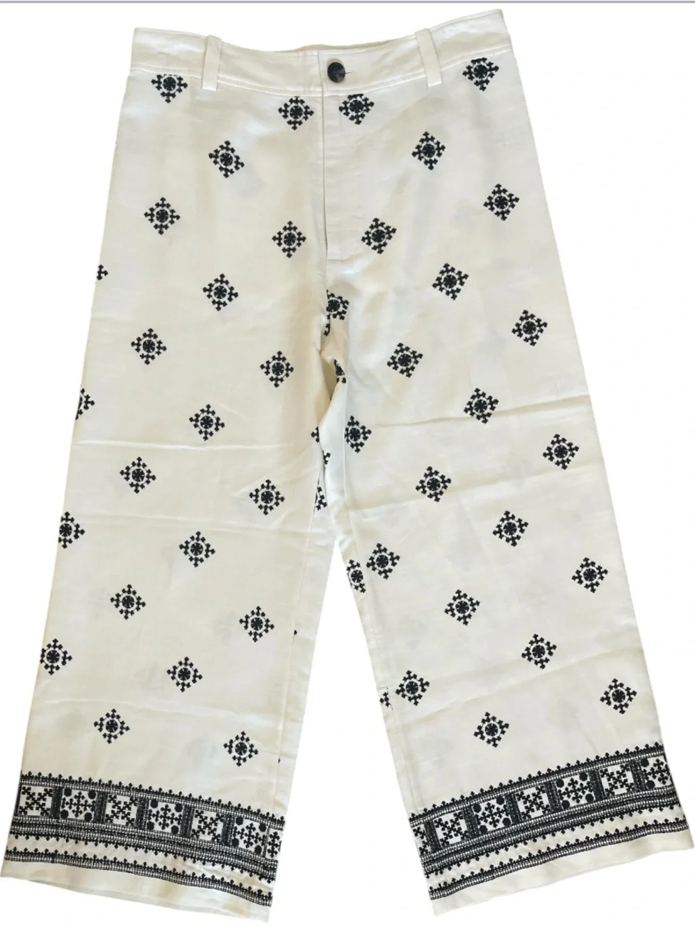 ZARA LINEN BLEND EMBROIDERED PANTS Ivory/ Black Size Large